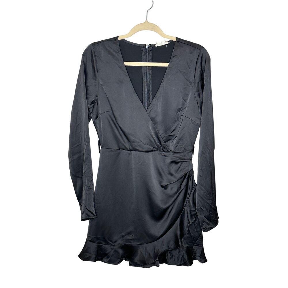 Altard State Belle Black Satin Long Sleeve Mini Dress Ruffled Surplice Womens M